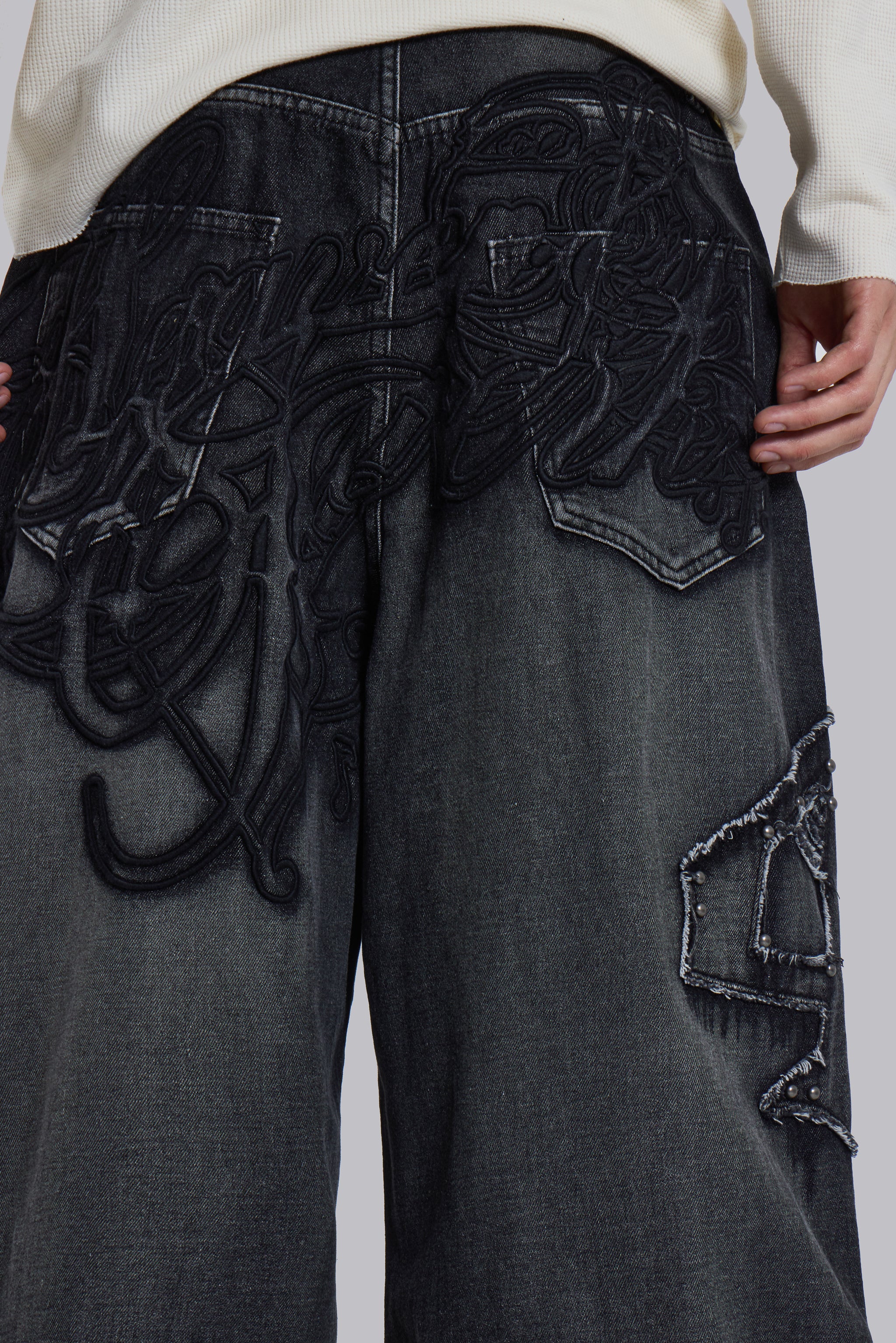 Black Raised Embroidery XL Colossus Jeans - Image 4