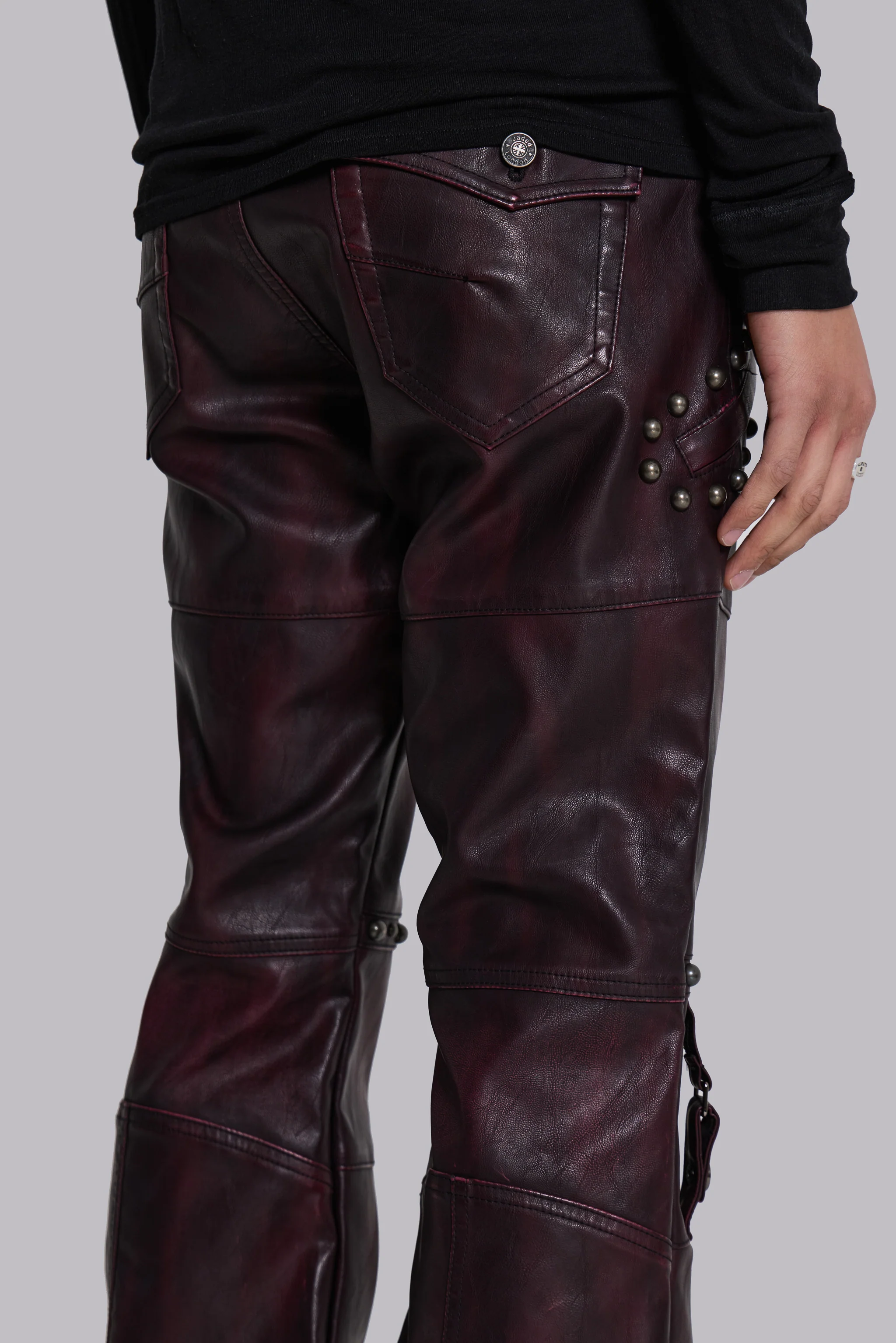 Burgundy Studded Faux Leather Drift Bootcut Trousers - Image 4