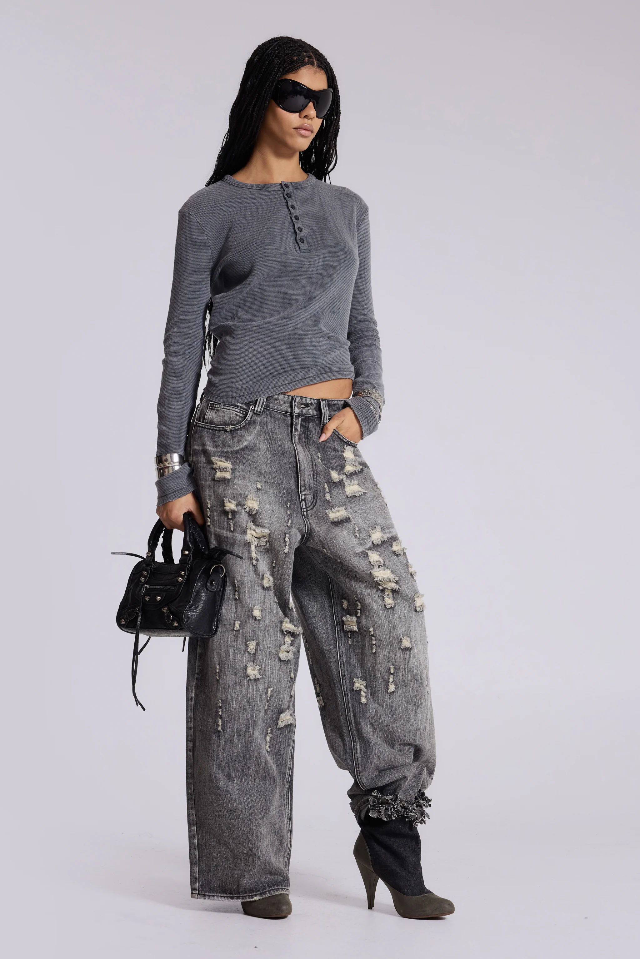 Charcoal Waffle Henley Top - Image 2