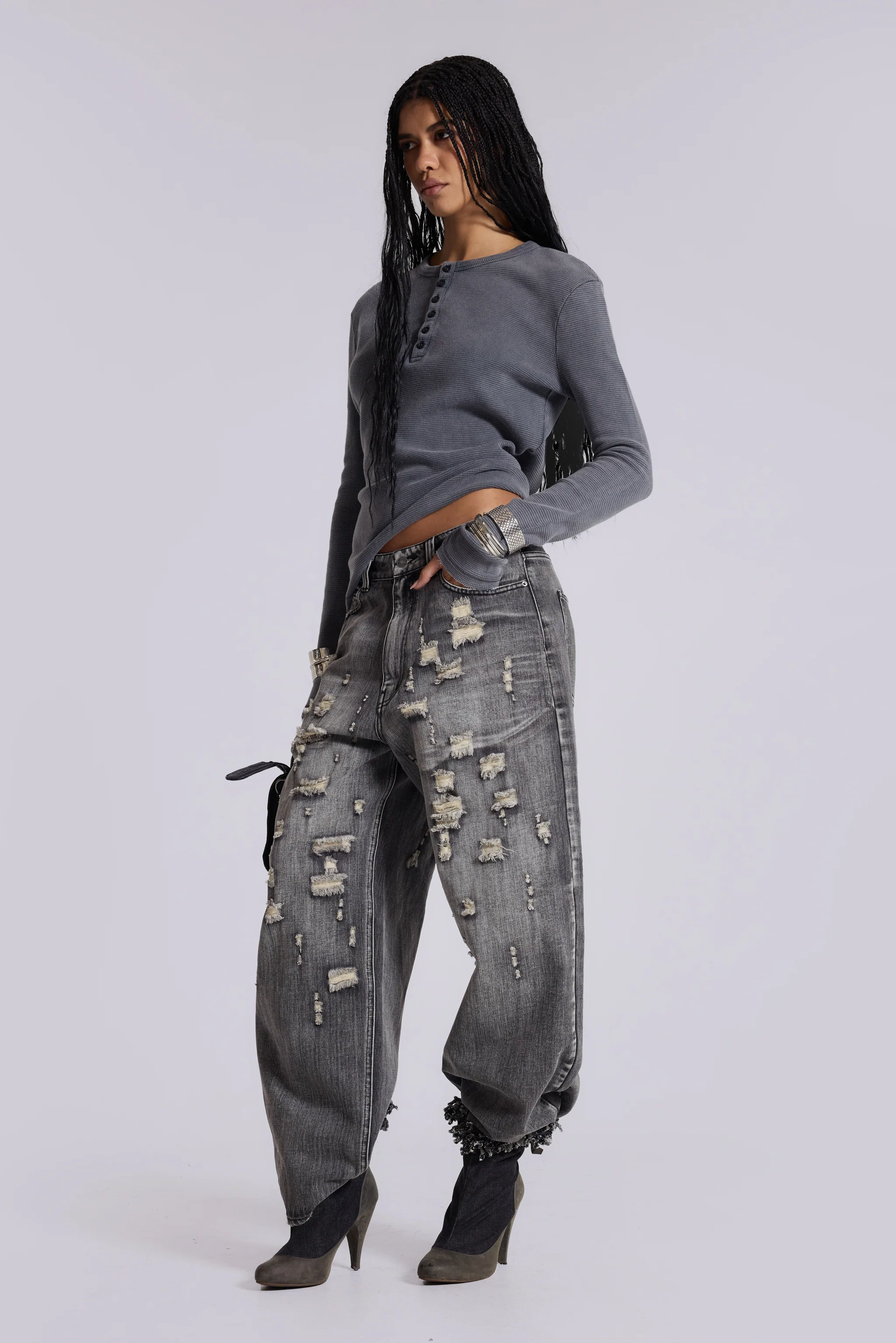 Charcoal Waffle Henley Top - Image 4