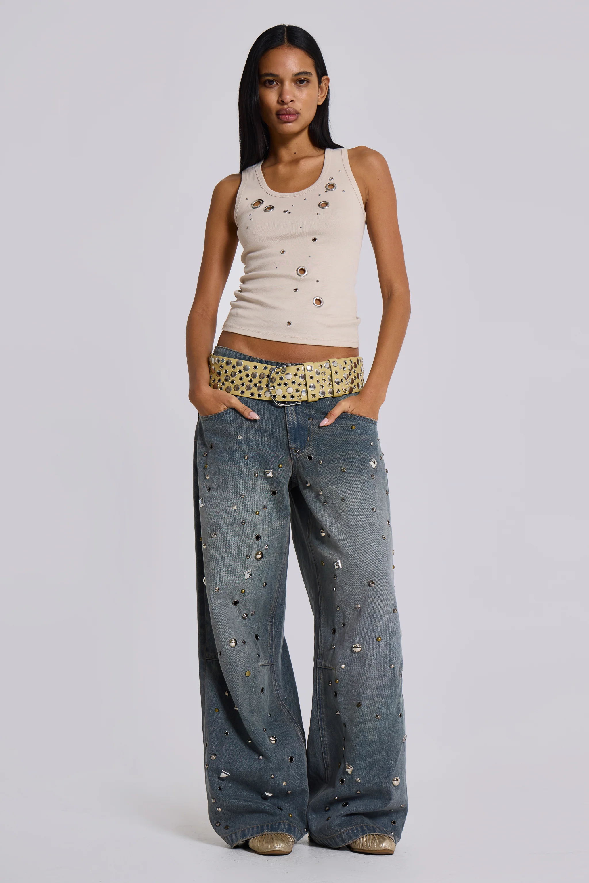 Eye Contact Vest Top With Eyelets in Beige - Image 7
