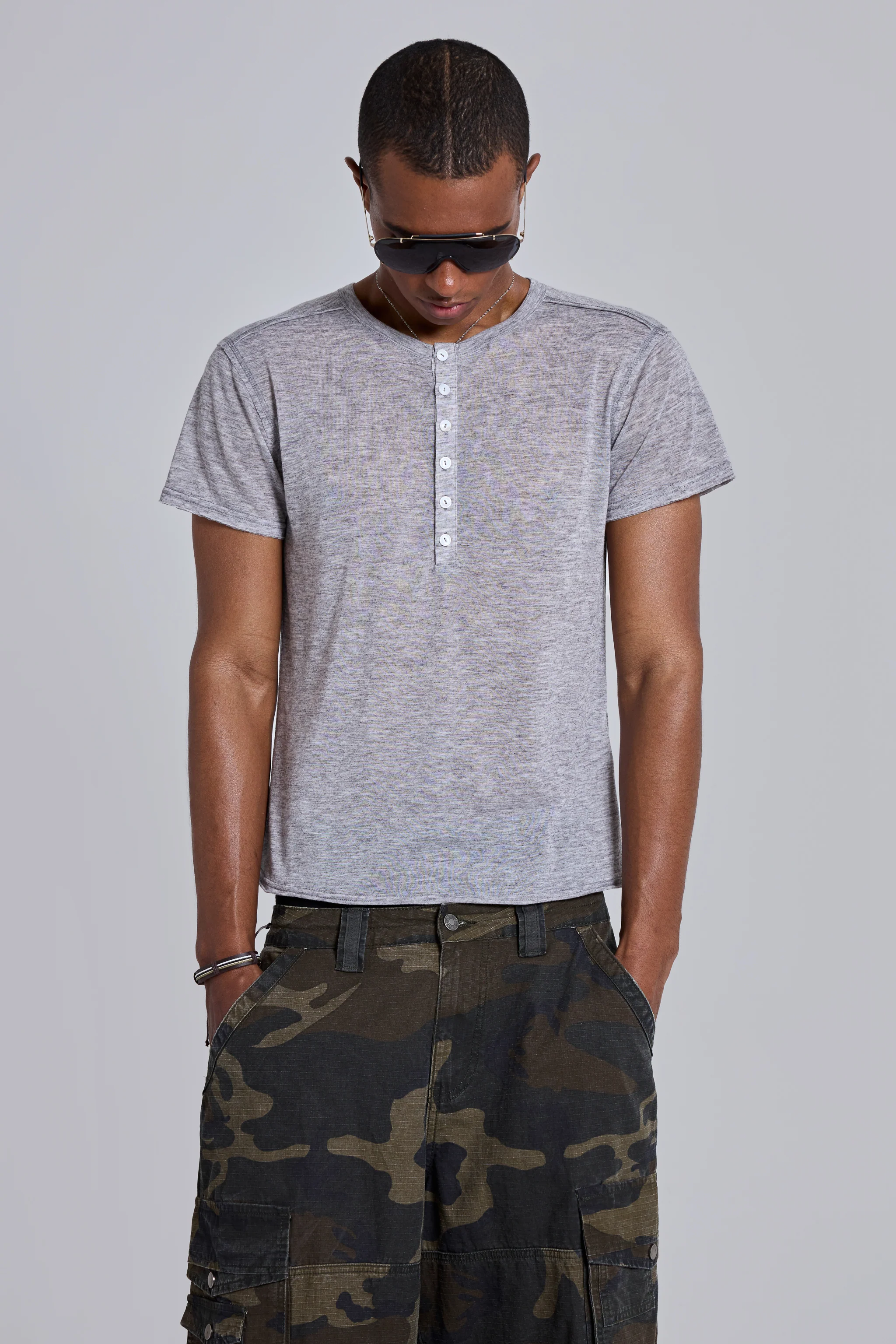 Grey Marl Haze Henley T-Shirt - Image 7
