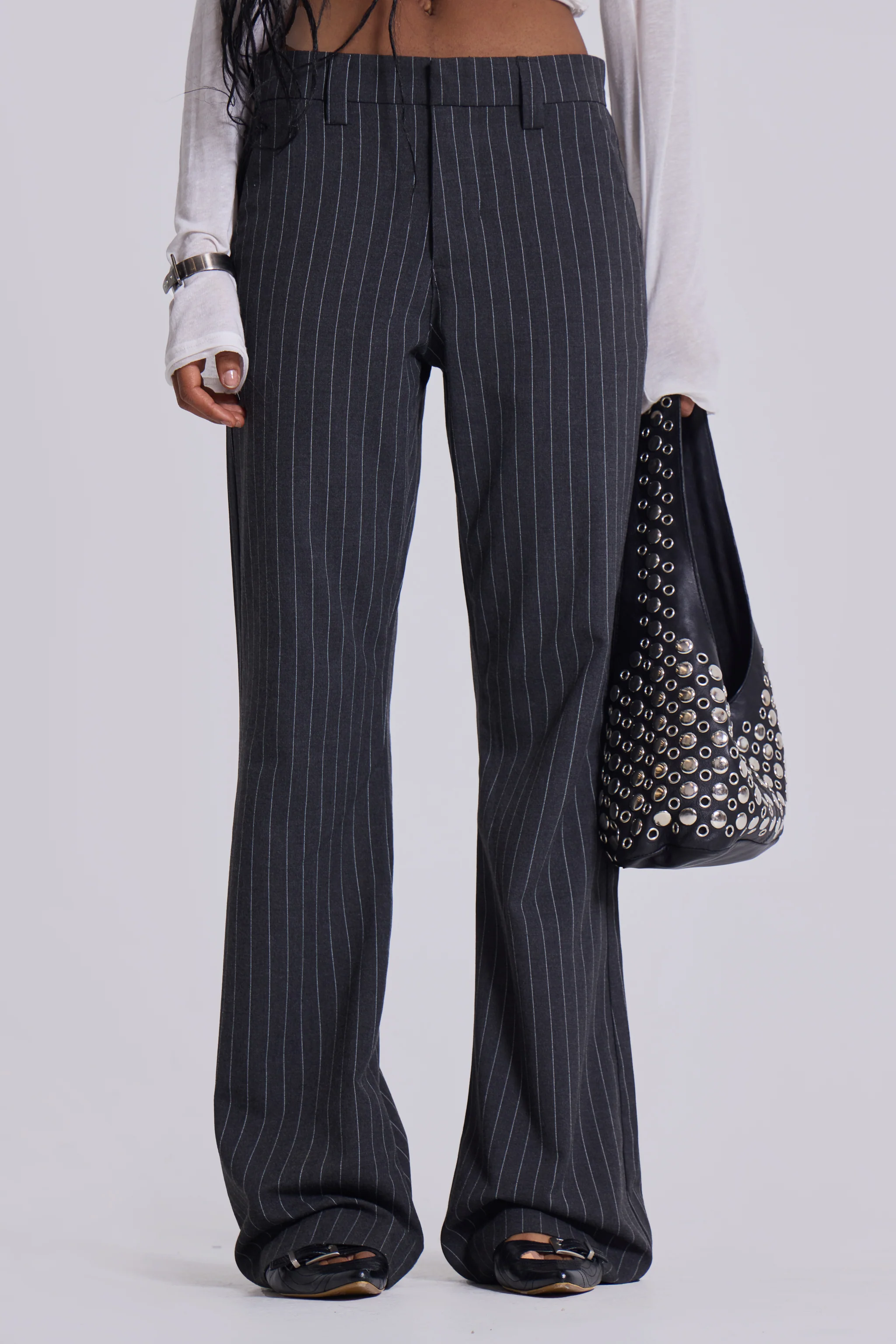 Grey Pinstripe Stacked Bootcut Suit Pants - Image 2