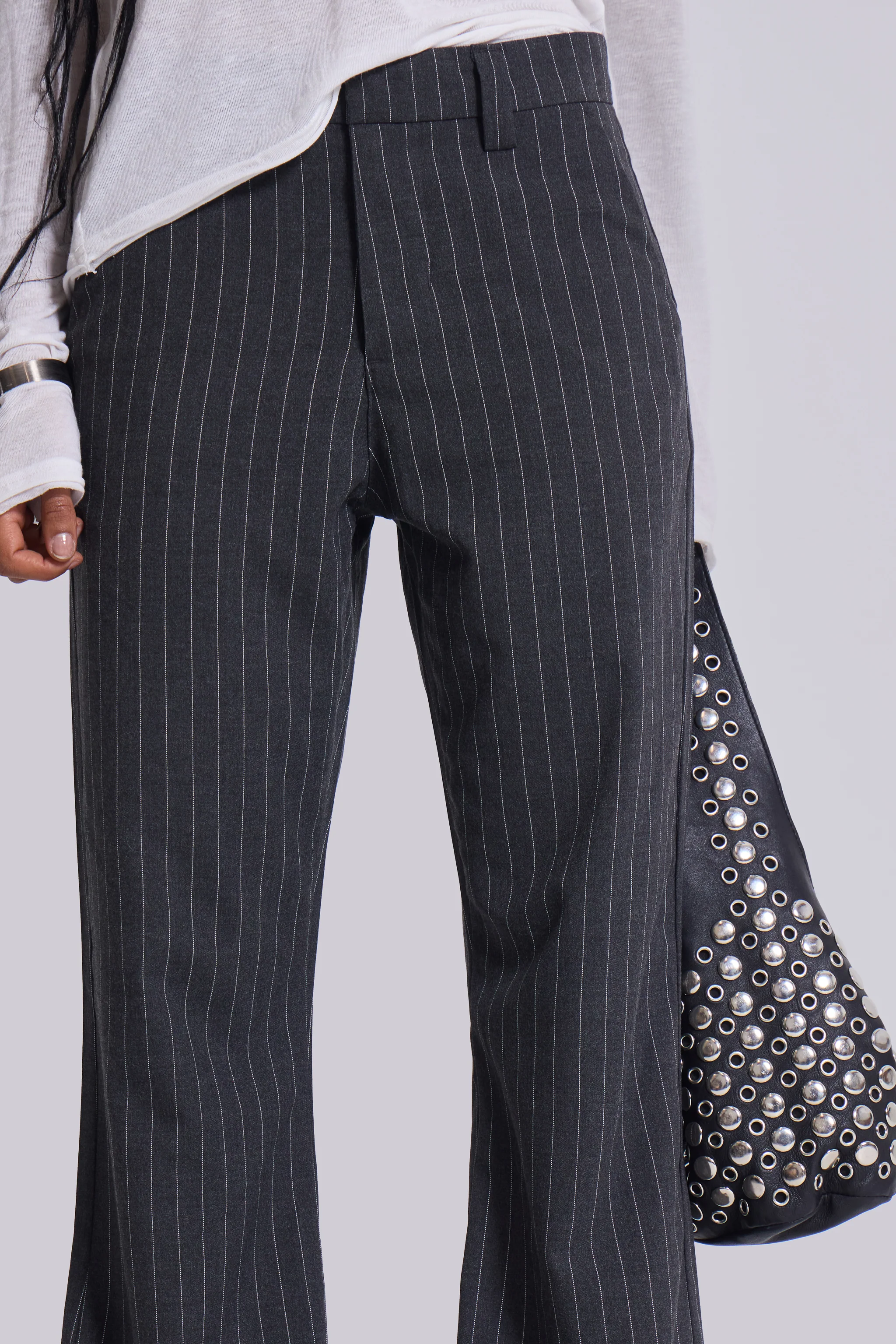 Grey Pinstripe Stacked Bootcut Suit Pants - Image 6