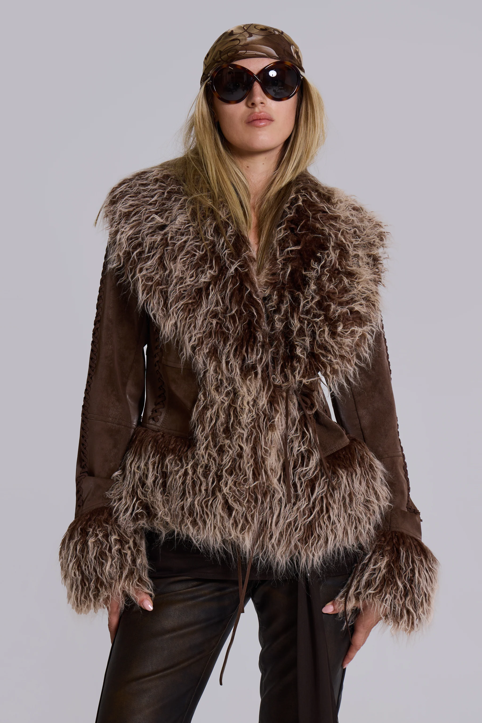 Leonie Faux Mongolian Fur Trim Coat in Brown - Image 11