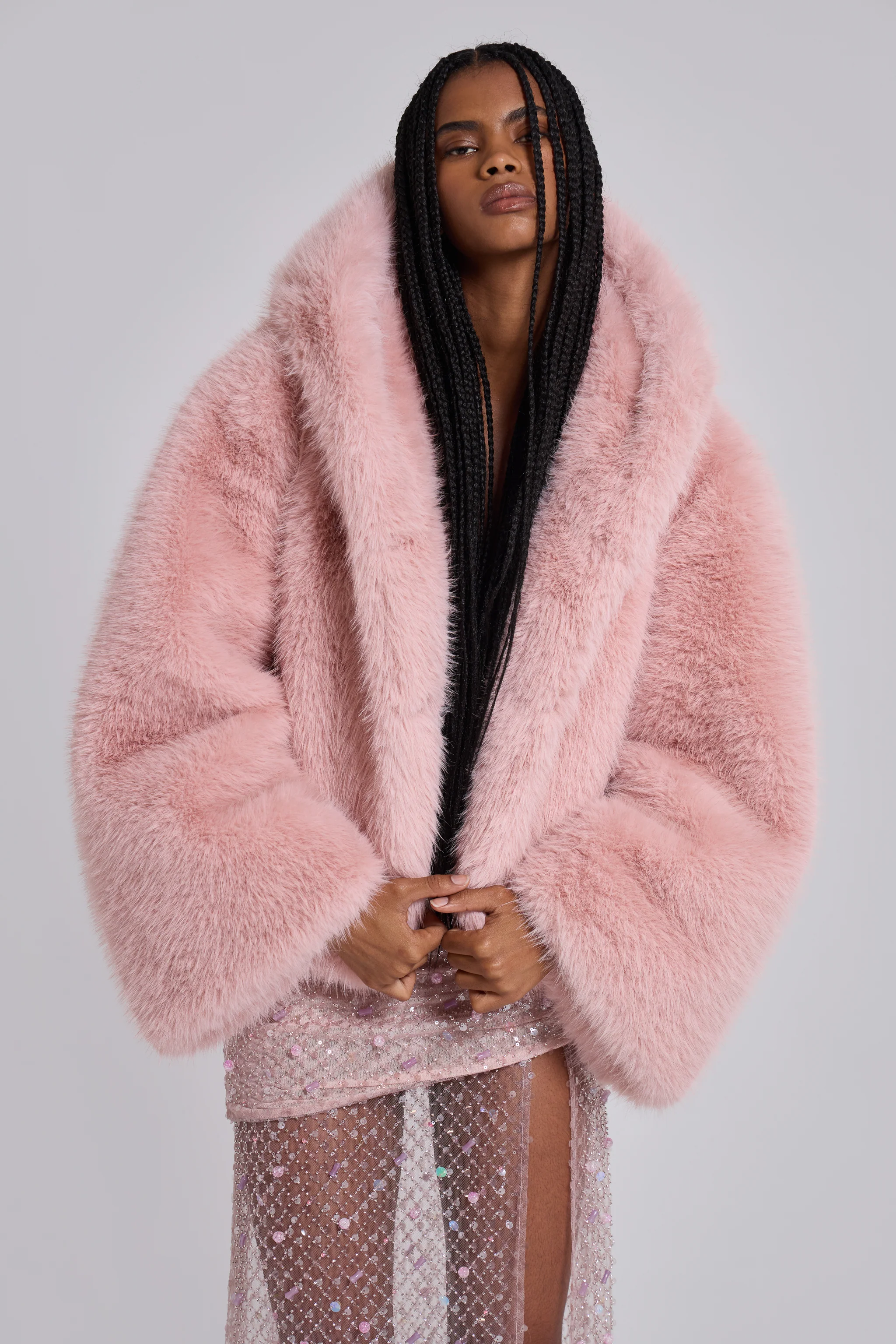 Mara Oversized Faux Fur Coat in Pink - Image 9