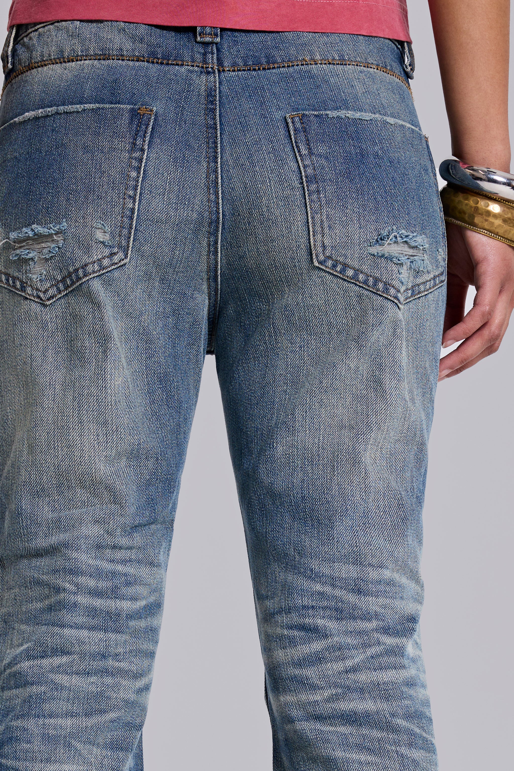 Mid Blue Distressed Creased Drift Flared Jeans - Image 7