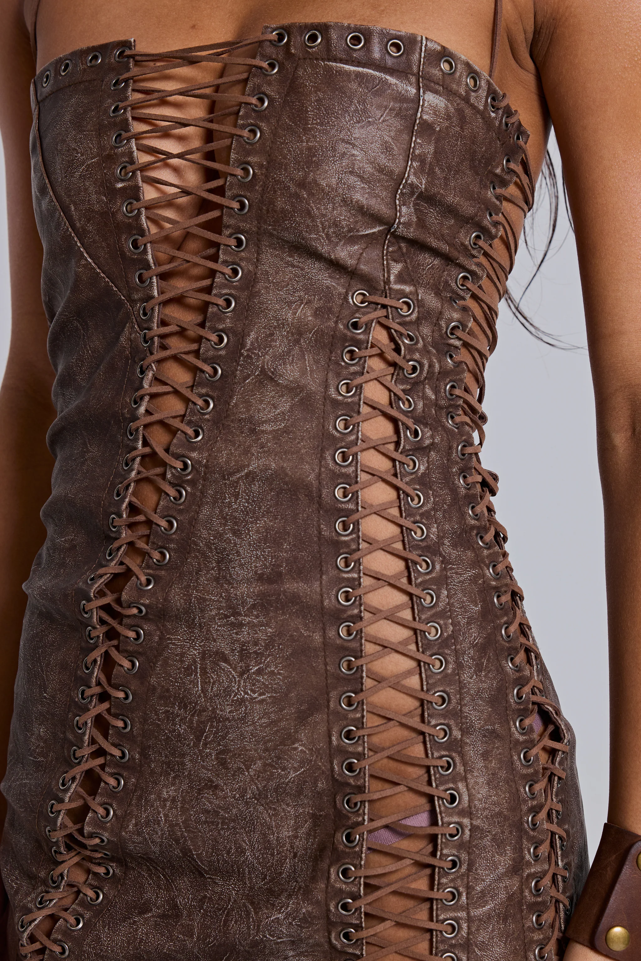 Odile Brown Faux Leather Lace Up Mini Dress - Image 3