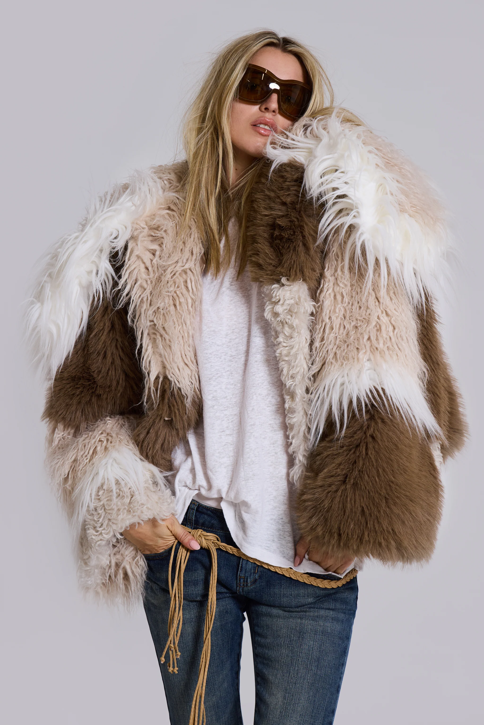 Oksana Patchwork Faux Fur Coat in Beige - Image 3