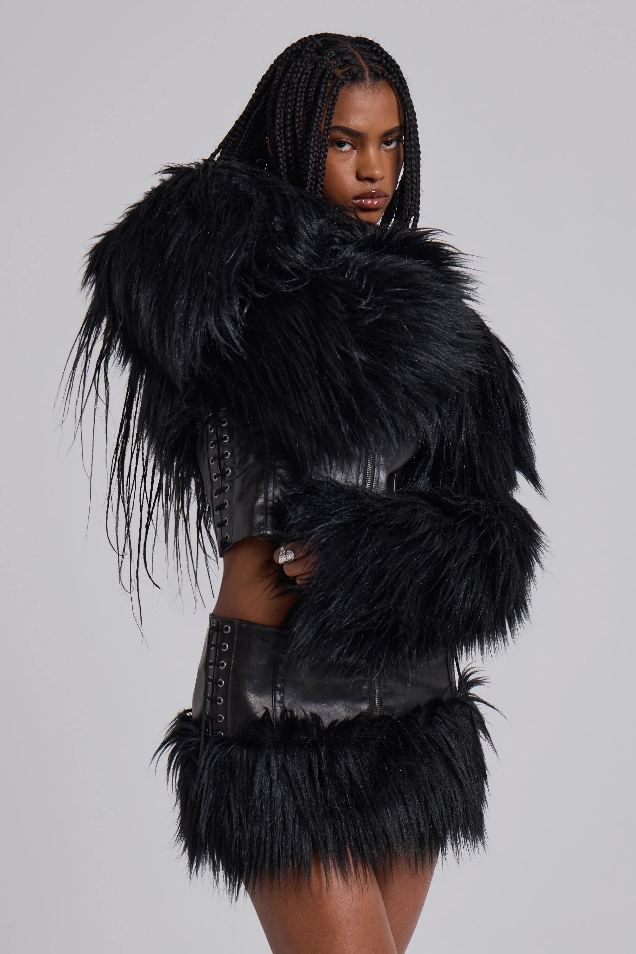 Viera Faux Fur and Leather Mini Skirt - Image 9